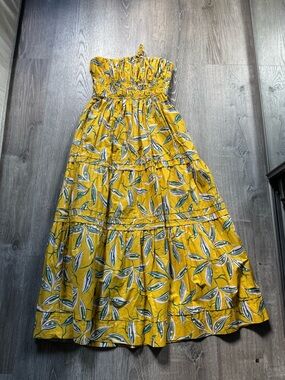 Anthropologie Yellow Leaf-Print Strapless Maxi Dress